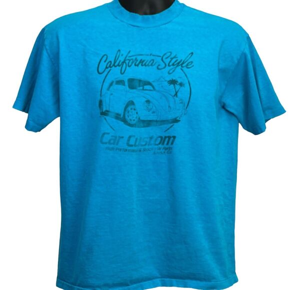 Vintage 80s Volkswagen Beetle Car Custom T Shirt VW Bug Azusa USA Blue L Large - Picture 2 of 13